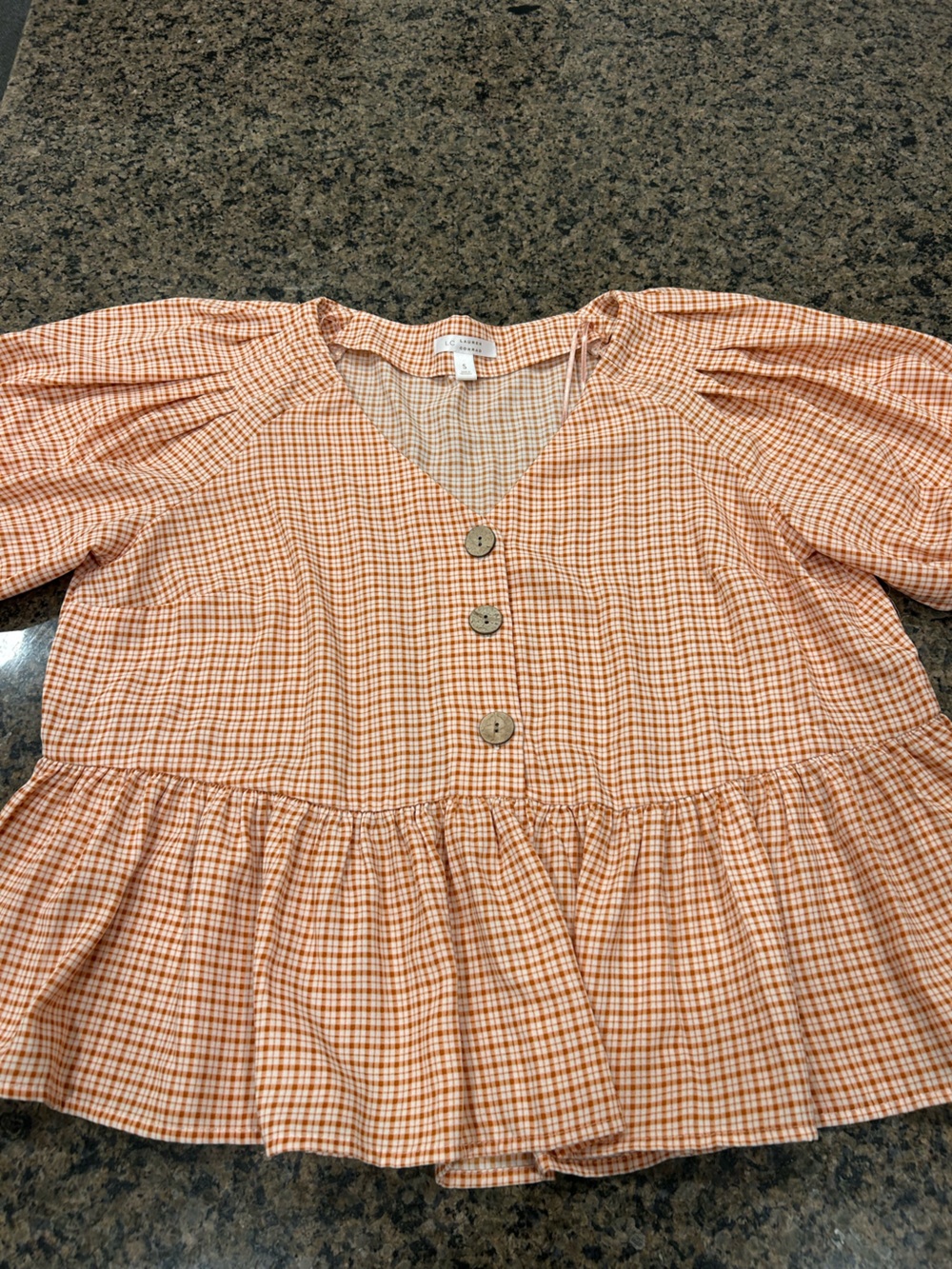 LC Lauren Conrad Orange Gingham Peplum Button-Front Top